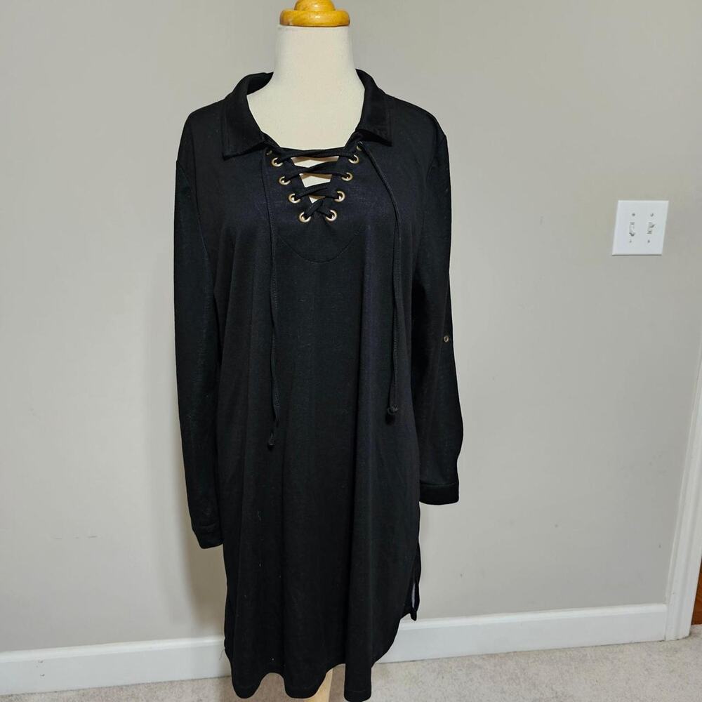 Cal Style Black Lace Up Tunic Shirt Dress XL Goth Boho Victorian
